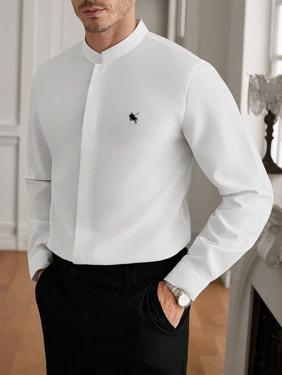 Core Aspect Manfinity Men Old Money Clean Fit Mandarin Collar Shirt, Minimalist Hidden Placket Chest Pocke - White - View 1