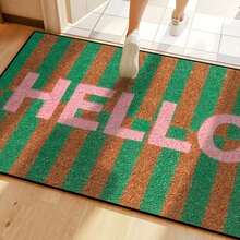 1pc Brown And Green Striped Hello Welcome Door Mat, Crystalline Velvet Polyester Material, Lightweight And Simple, All-Season Entry Mat, Machine Washable, Suitable For Kitchen, Dining Room, Corridor, Bathroom, - multicolor - View 7