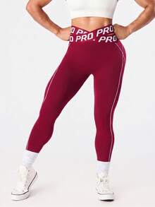 SHEIN Sports 女款字母印花高腰休閒百搭日常旅行運動內搭褲 - 酒紅色 - 查看 6