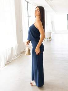 Andrea Bello 女款夏季休閒荷葉邊細肩帶上衣與寬鬆長褲兩件套居家服套裝，優雅風格 - 藏蓝色 - 查看 4