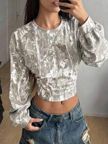 Teen Girls Fall/Winter Back To Basic Solid Color Pleated Asymmetrical Neck Long Sleeve Pullover - Multicolor - View 3