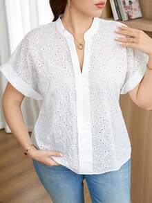 SHEIN Clasi 大尺碼夏季休閒素色鏤空刺繡襯衫 - 白色 - 查看 7