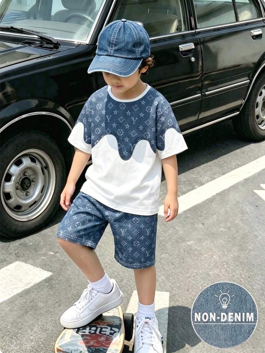 男童時尚字母印花休閒圓領短袖T恤與短褲套裝，簡約百搭適合日常穿著 - 彩色 - 查看 1