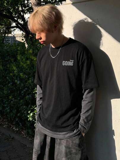 DAZY Men's 2-In-1 Letter Print Black & Grey Long Sleeve T-Shirt