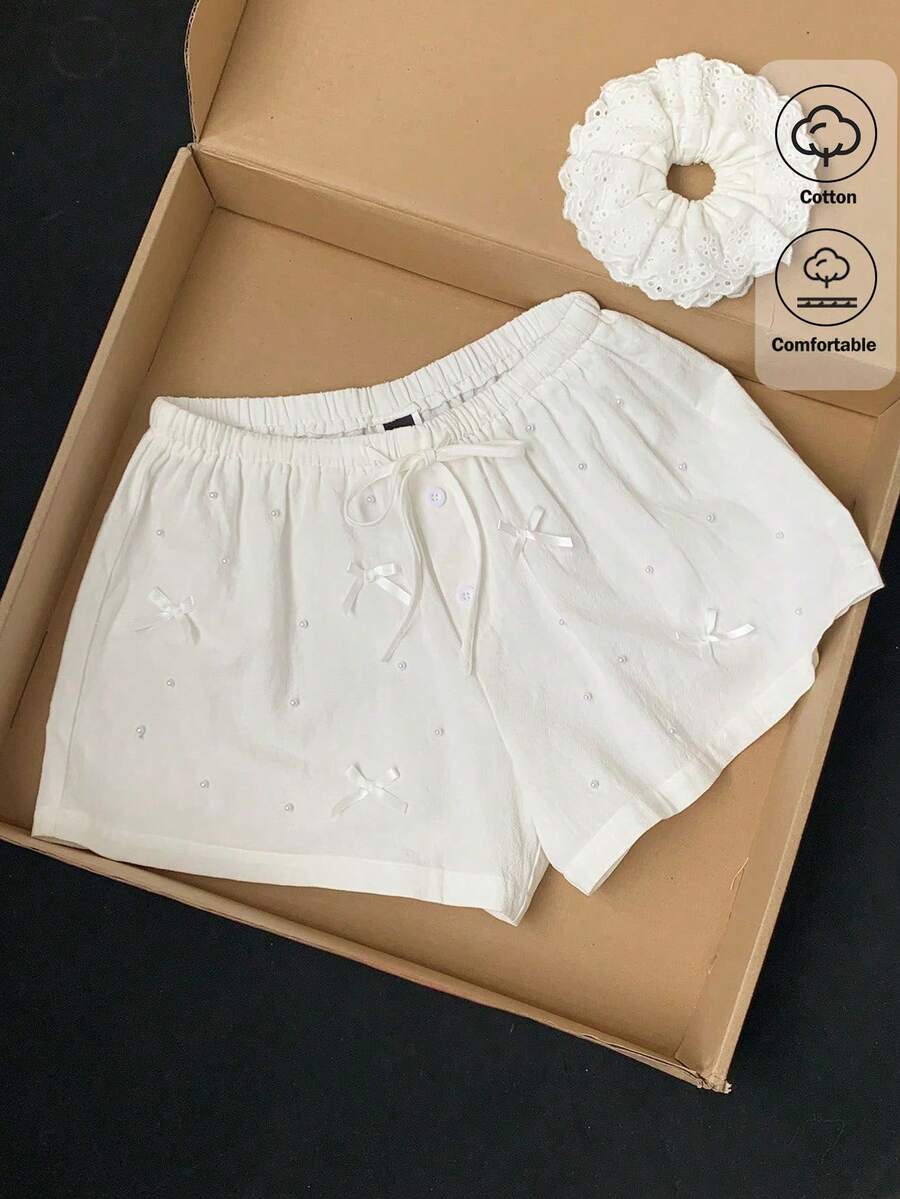 Comfortcana 女款純色抽繩腰蝴蝶結裝飾休閒百搭日常外出短褲 - 白色 - 查看 1
