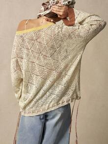 Bohemela Women's Floral Pattern Asymmetrical Shoulder Casual Versatile Daily Wear Long Sleeve Sweater - Apricot - View 8