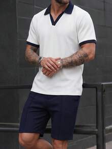 Manfinity CasualCool 男士紋理多色成熟休閒 Polo 衫套裝，適合度假、日常穿著、約會，送給丈夫或男友的禮物 - 彩色 - 查看 5