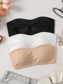 SHEIN 青少年女孩黑色羅紋時尚極簡舒適抹胸上衣 - 黑色 - 查看 2