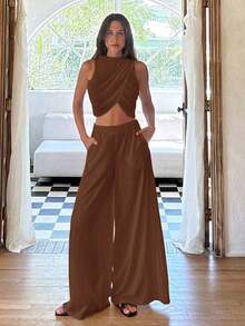Cloudara Chic Simplicity: Round Neck Draped Crop Top And Matching Bottoms Set - Brown - View 3