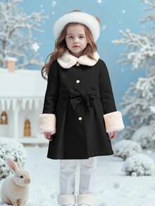 SHEIN Emery Rose Kids 女童秋冬百搭時尚羊毛拼接毛絨領中長版繫帶大衣，保暖內裡羊毛外套，秋冬外套 - 黑色 - 查看 4