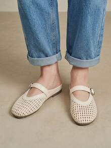 Solecia Zapatillas tipo mule de verano, transpirables, de tejido calado, punta redonda, suela plana, estilo retro casual, para ir al trabajo, compras y uso diario - Beis - Ver 9