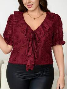 SHEIN Clasi Blusa elegante con volantes y cuello en V de talla grande para vacaciones y citas - Burdeos - Ver 3
