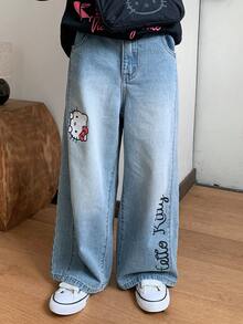 HELLO KITTY | DAZY Loose Straight Leg KT Cat Washed Denim Jeans For Tween Girls Fall - Blue - View 6