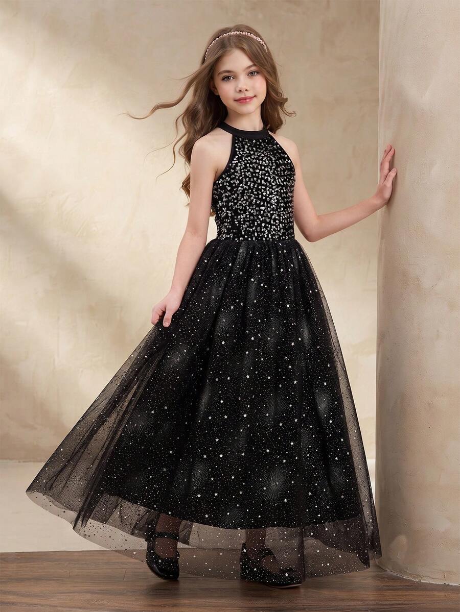 Vestido formal elegante y lujoso de cuello redondo negro con lentejuelas y malla ajustado para niñas preadolescentes, adecuado para fiesta de noche, banquete, Navidad, boda, niña de las flores, baile de graduación, vacaciones, temporada de graduación, regreso a la escuela y otras ocasiones - Negro - Ver 1