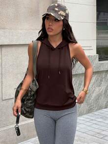 SHEIN Unity 女士时尚休闲户外健身跑步前中口袋无袖连帽抽绳露背性感瑜伽运动卫衣，夏季女士健身服 Y2k 女士运动服露背健身上衣露背运动上衣女士运动套装女士健身服上衣 - 咖啡棕 - 查看 2