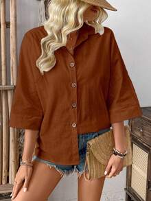 Breezaya Vacation Casual Versatile Solid Color Shirt - Brown - View 4