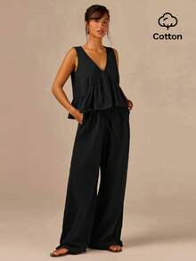 Athîral Women's Vacation Casual Solid Color Tank Top And Long Pants 2 Pieces Set - Black - View 8