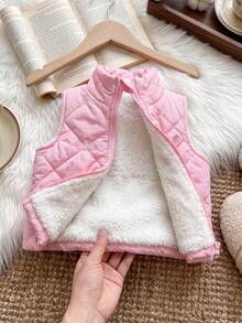 SHEIN Vintaside Kids 女嬰純色保暖內裡拉鍊休閒百搭冬季棉墊背心 - 粉色 - 查看 4