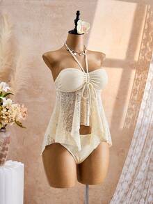 Swim Mod Setelan Pakaian Renang Wanita Elegan untuk Liburan Musim Panas, Atasan Bikini Halter Berkerut Depan dari Kain Rajut Jacquard Warna Polos dengan Efek Pelangsingan dan Bawahan Bikini Segitiga Biasa - Aprikot - View 6