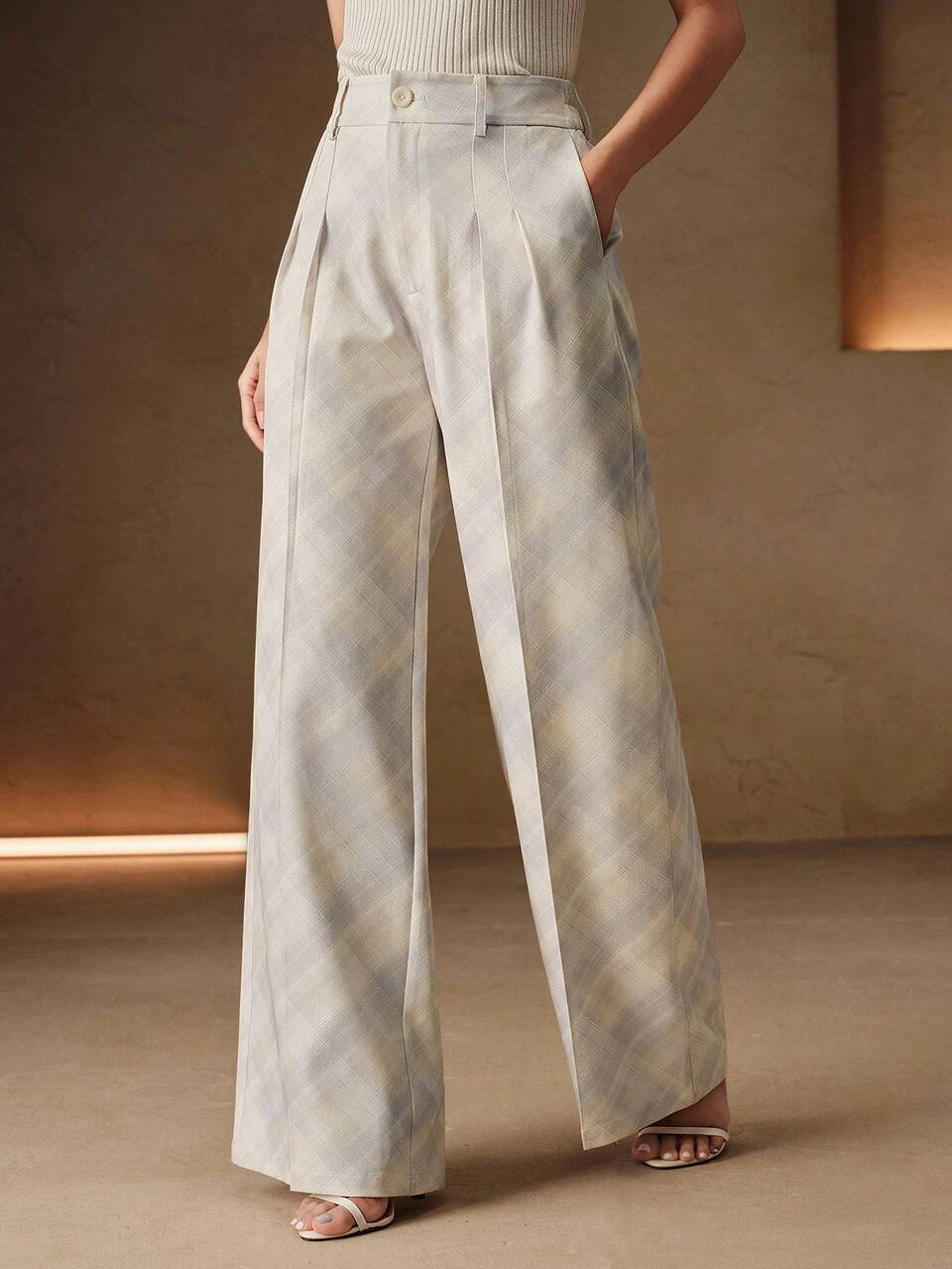Anewsta Women's Casual Elegant Business Casual Versatile Commute Travel Pleated Button Pocket Suit Pants Teachers' Day Office Grey Plaid Summer