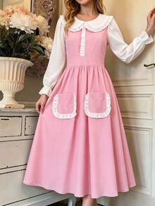 Vestido de niña preadolescente con bloques de color, patchwork y doble bolsillo - Rosa - Ver 8