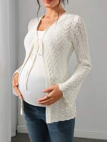 SHEIN Maternity Thin Cardigan, Loose Fit, V-Neck Tie-Front, Perforated Floral Pattern, Bell Sleeve Design, Casual Daily Wear, Solid Color Versatile Long Sleeve Knit Cardigan Jacket - White - View 4