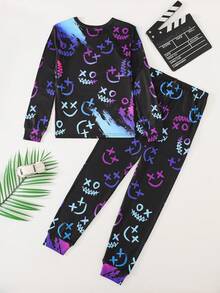 SHEIN 青少年男孩發光字母印花長袖上衣與長褲居家服套裝 - 黑色 - 查看 3