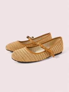 CUCCOO DOLLMOD 女款棕色拉菲亞編織鞋面圓頭瑪麗珍蝴蝶結芭蕾舞鞋，透氣低鞋口，日常百搭休閒 - 棕色 - 查看 2