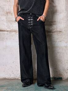 Skyrend 1件 Infinite Jeans 个性化设计飞机扣牛仔裤，男士休闲宽松直筒牛仔裤，日系街头风，宽松版型，做旧水洗（不含腰带和配饰） - 黑色 - 查看 1
