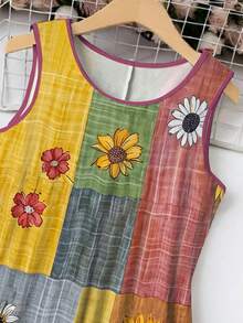 EMERY ROSE Plus Size Women's Printed Bee Patchwork Round Neck Sleeveless Tank Dress, Fashionable Summer Women's Clothing - Multicolor - View 3
