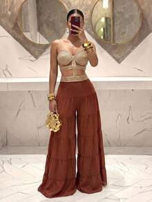 Slaydiva Damen Farbblock Plissee Cut-Out Lässig Urlaubs Cover-Up Jumpsuit Badeanzug Badeanzüge - Braun - Übersicht 5
