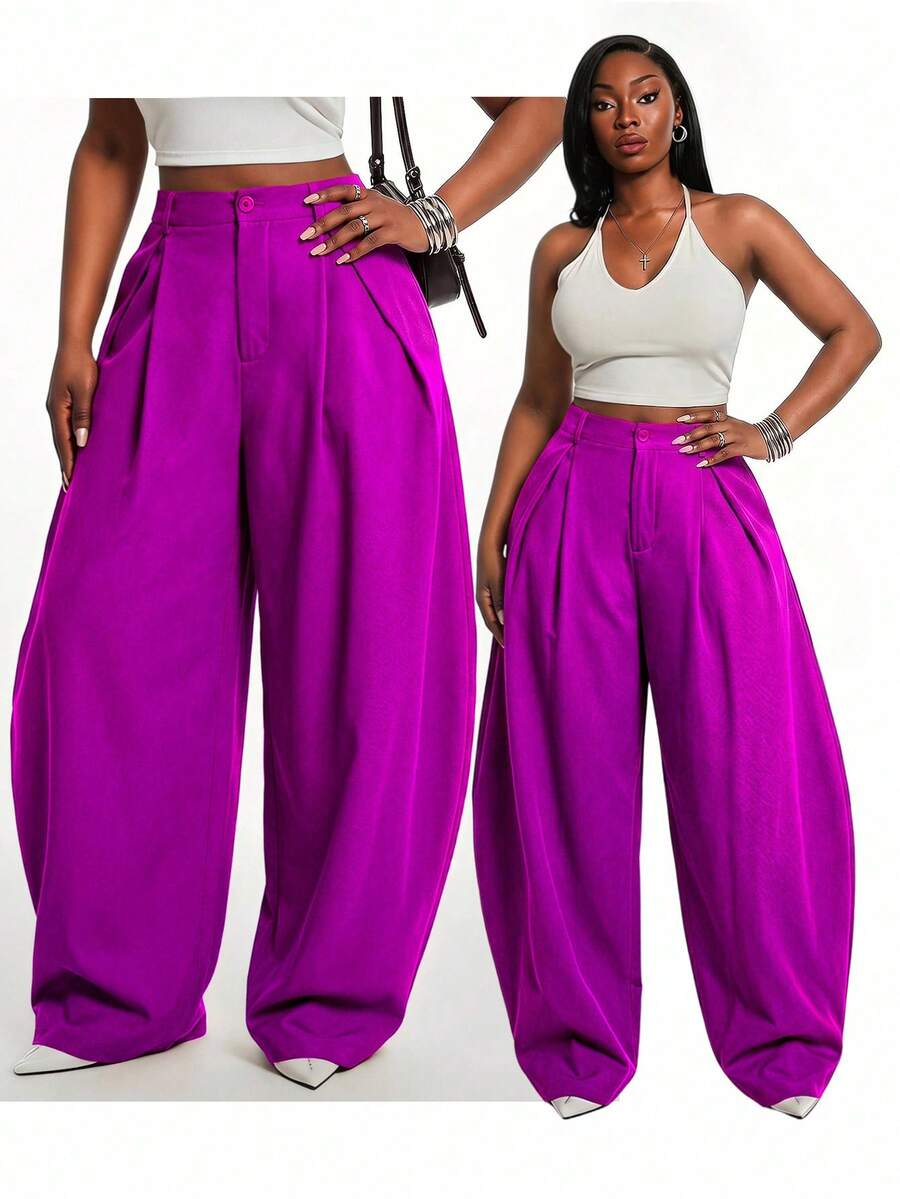 SHEIN SXY Plus Size Women's Solid Color Pleated Wide Leg Loose Casual Elegant Pants Office Formal Purple Summer
