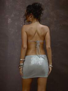 MUSERA Silver Metallic Glitter Halterneck Ring Ruched Mini Dress - Silver - View 2