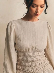 Poéselle 女款休閒百搭純色抓皺腰上衣 - 杏色 - 查看 3