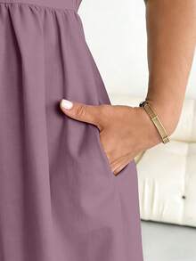 SHEIN Essnce Plus Size Solid Color Button Pleated Pocket Dress For Vacation - Multicolor - View 7