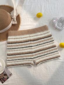 SHEIN Unity Pantalones de suéter de punto mini con rayas degradadas versátiles y lindos para vacaciones para mujer - Marrón - Ver 2