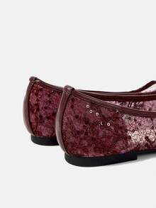 CUCCOO HITCHD Lace Round Toe Flat Shoes, See Through Mesh Sequined Low Vamp Shoes, Commuting Dating Daily Breathable Women's Shoes - Burgundy - View 5