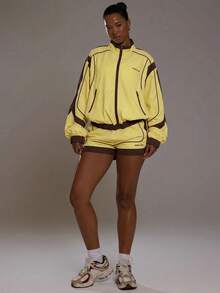Musera Sport Contrast Oversized Wind Breaker Funnel Neck Jacket Sports Workout Gym Girly Pilates Fitness Daily - Yellow - View 5