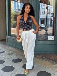 Alexandranx Black Polka Dot Print Casual Halter Neck Top, Suitable For Brunch, Outings, Dates, Commute, Cruise, Ibiza Summer - Black - View 1