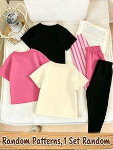 Random 3pcs, Send 1pc Baby Girl Fashion Cute Rainbow Flower Fun Letter Print Casual Style Basic Short T-Shirt And Leggings Set Sets - Multicolor - View 2
