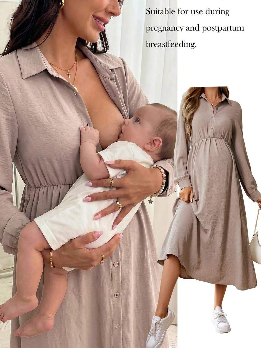SHEIN Vestido de blusa de maternidad con mangas largas y funcionalidad de lactancia - Caqui - Ver 1