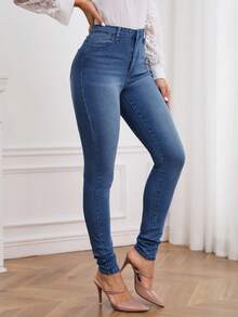 SHEIN Tall 女款修身水洗牛仔褲，適合高個女性 - 深色水洗藍 - 查看 4