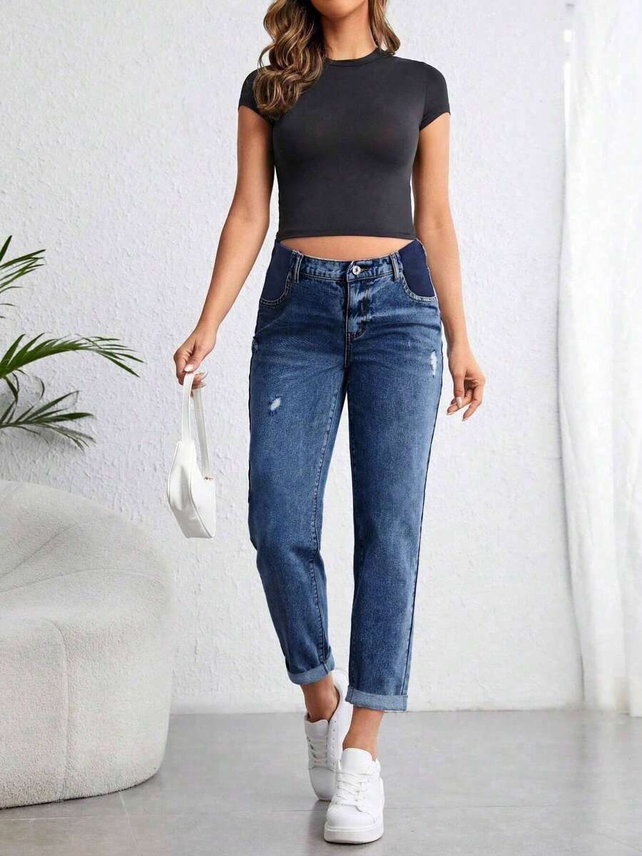 SHEIN 孕婦高腰牛仔褲男友風寬鬆款 - 深色水洗藍 - 查看 1