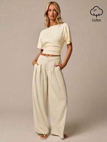 COSMINA Women's Solid Color Pleated Slim Fit Versatile Casual Elegant Short Sleeve Top Date Pale Yellow Top Work Tops Going Out Tops - Multicolor - View 1