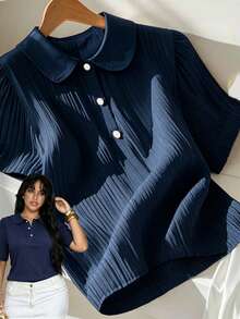 Elenzga Plus Size Women's Fashion Casual Lapel Pearl Button Short-Sleeve T-Shirt, Summer Outfit, Solid Color Navy Blue Top Bussines Office - Blue - View 1
