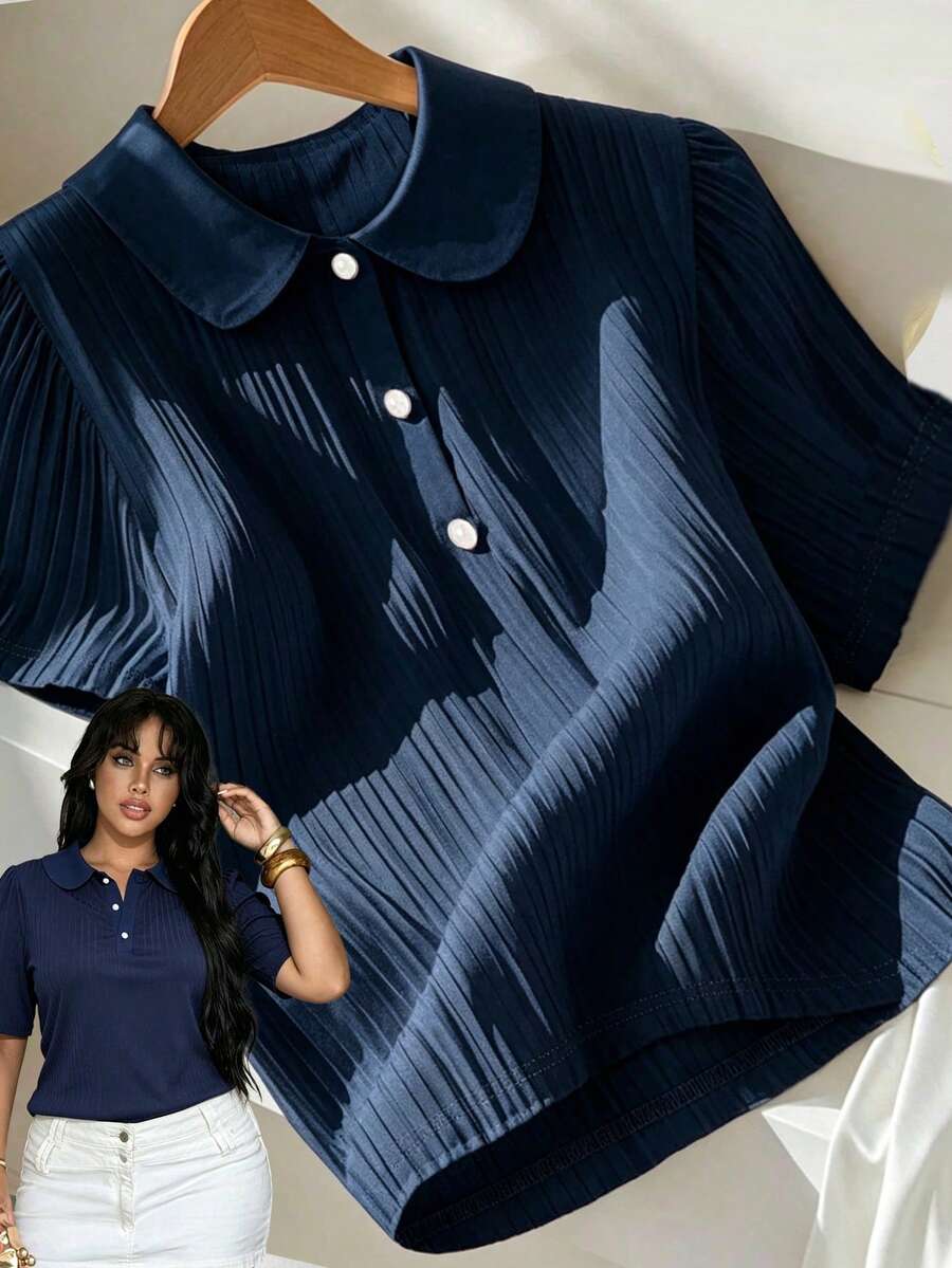 Elenzga Plus Size Women's Fashion Casual Lapel Pearl Button Short-Sleeve T-Shirt, Summer Outfit, Solid Color Navy Blue Top Bussines Office - Blue - View 1