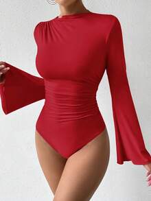 Rafferiza Spring/Autumn Casual Solid Color Flare Sleeve Bodysuit - Red - View 8