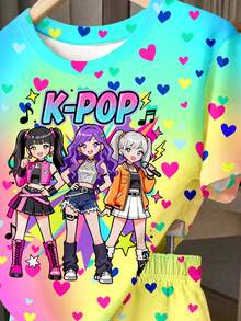 街頭時尚彩色霓虹K-Pop女孩圖案，青少年女孩休閒舒適圓領短袖T恤與短褲兩件套，適合春/夏日常、外出、校園、運動、返校日，甜美女孩風，時尚 - 彩色 - 查看 4