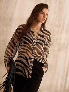 MOTF PREMIUM WOMEN'S LONG SLEEVE BLACK & WHITE ZEBRA PRINT BLOUSE, FASHIONABLE COMMUTER STYLE - Black and White - View 5