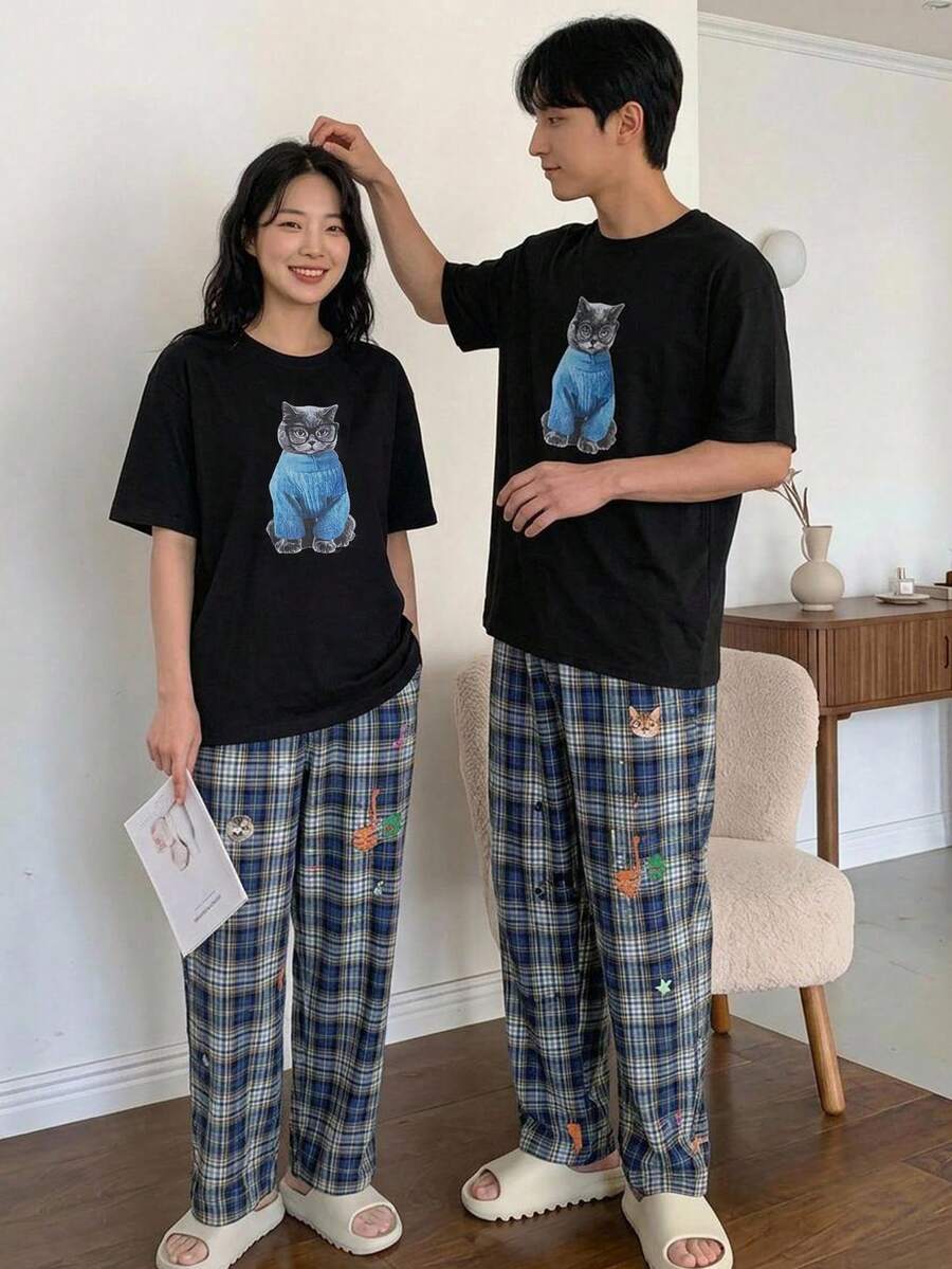 DAZY Men's Round Neck Cat Print Short Sleeve Top And Plaid Long Pants Casual Daily Home Wear Set - Multicolor - View 1